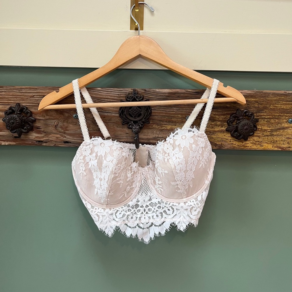 Victoria's Secret Dream Angels Ivory Floral Eyelash Lace Longline Bustier 34DD